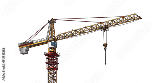 Vibrant yellow and red tower crane illustration for construction projects