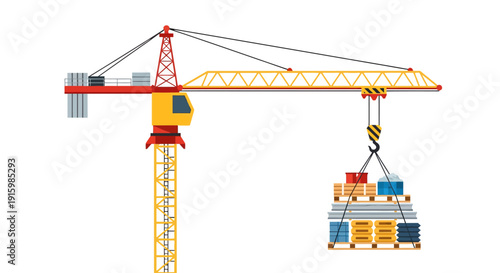 Vibrant Tower Crane Lifting Construction Materials on Pallets Flat Design