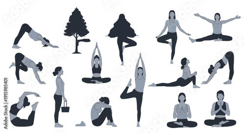 Various Yoga Poses Silhouettes on White Background