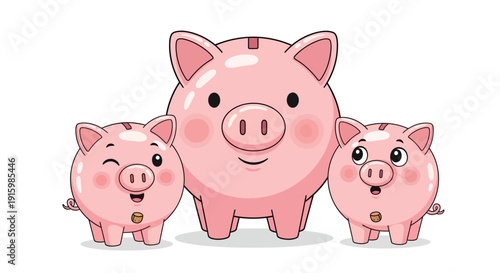 Three Pink Piggy Banks: Cartoon Style Savings
