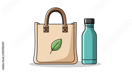 Sustainable lifestyle essentials: beige canvas tote bag with green leaf and turquoise water bottle