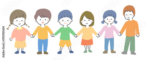 笑顔で手をつなぐ子供たち　シンプルイラスト