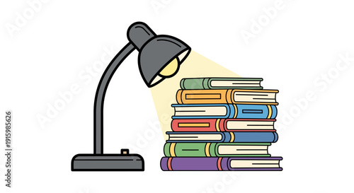 Stack of colorful books illuminated by a desk lamp