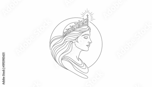 Elegant Woman Profile Portrait with Crown and Flowing Hair, Regal Beauty