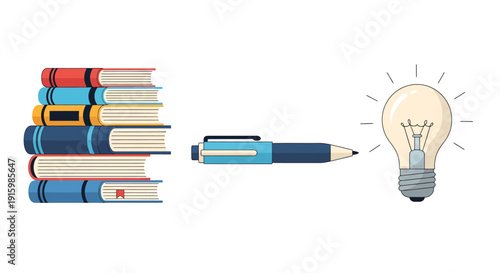 Stack of Books, Pen, and Lightbulb Representing Ideas