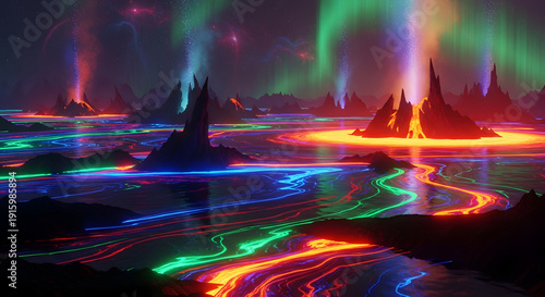 Vibrant neon landscape with glowing mountains and colorful aurora
