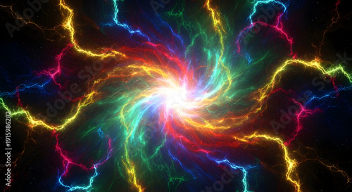 Vibrant colorful lightning storm swirling around bright energy source