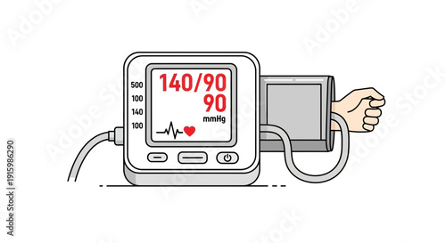 Digital Blood Pressure Monitor Cuff on Arm, High Reading 140/90 mmHg