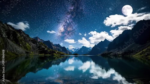 Night Sky with Milky Way over Mountain Lake.