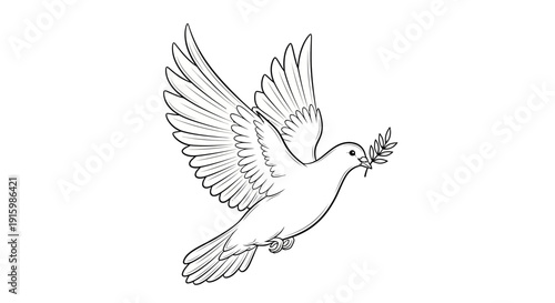 Dove of Peace Flying with Olive Branch, Symbol of Hope and Serenity, Line Art Illustration