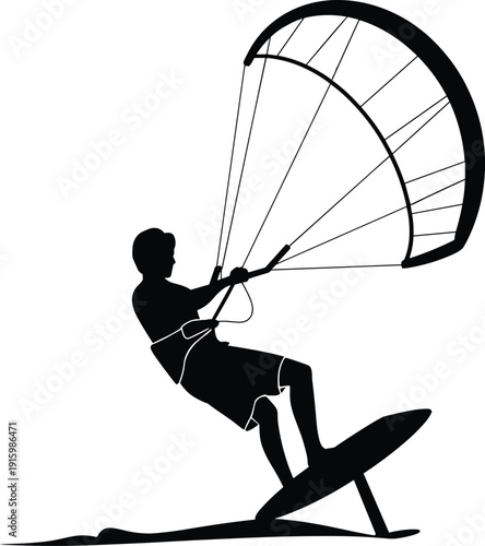 Kite, surfing, silhouette, extreme, sport, action, ocean, water, athlete, adventure, wind, board, summer, freedom, recreation, coastal, dynamic, movement, flat, illustration