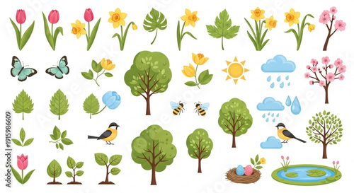 Springtime garden elements with trees flowers birds and insects on white background