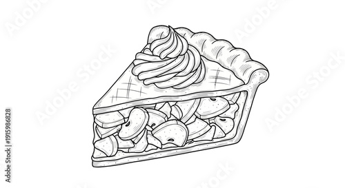 Delicious Apple Pie Slice with Whipped Cream, Hand-Drawn Sketch Style