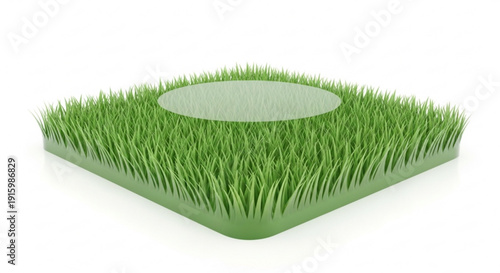 Green grassy square mat with circular cutout on white background for outdoor or indoor decor