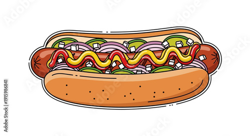 Delicious Hot Dog with Ketchup and Mustard, Topped with Onions and Pickles