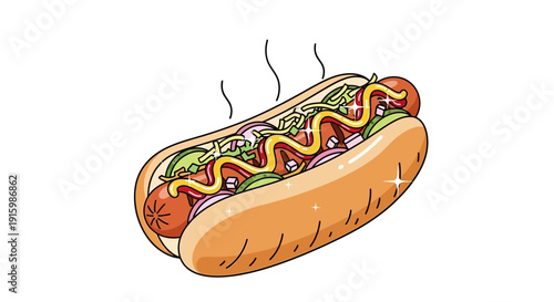 Delicious Hot Dog with Mustard, Relish, Onions, and Pickles on a Bun