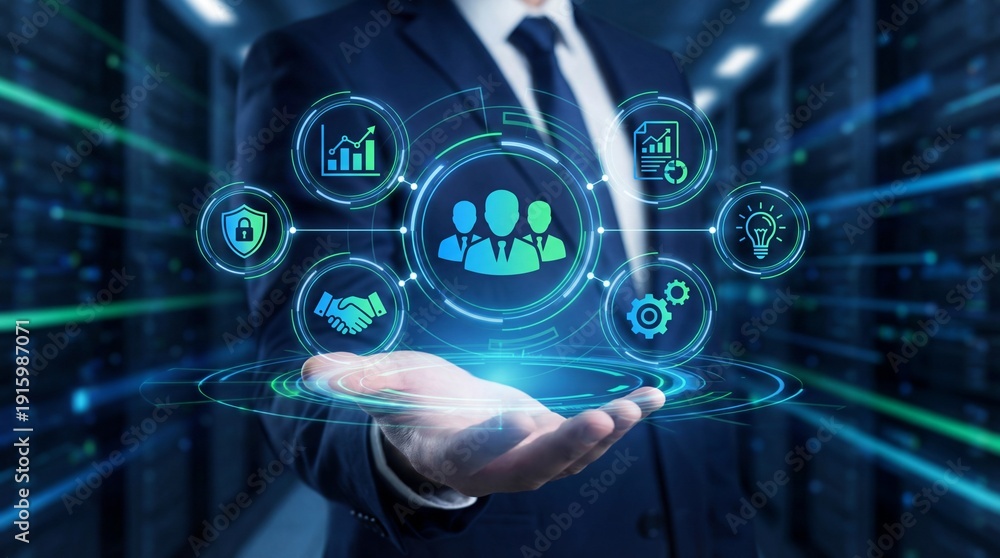 Fototapeta premium Businessman holding glowing digital human resources icons for team management, recruitment, and employee leadership. Future business leadership and human resources digital interface.