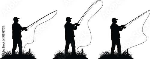 Silhouette fisherman casting fly fishing rod sequence illustration showing technique stages isolated on white background for outdoor sport recreation design use commercial stock