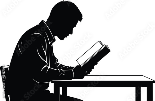 Silhouette of young man reading book at desk isolated on white background representing education learning study knowledge concentration literature and intellectual lifestyle concept