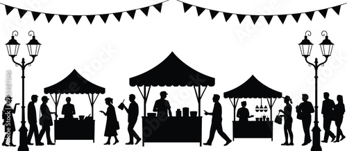 Silhouette street market illustration with people shopping at outdoor festival stalls, festive bunting, vintage street lamps, urban fair scene on white background