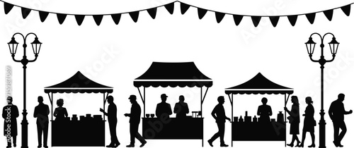 Silhouette street market scene with people shopping at outdoor stalls, festive bunting, vintage street lamps, urban fair illustration on white background vector design