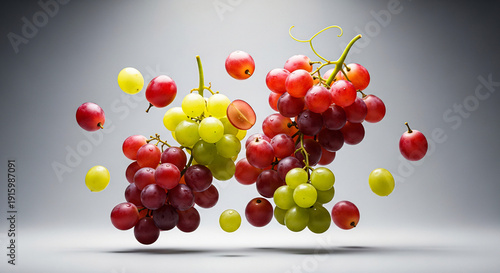 Vibrant Red and Green Grapes Levitating Against a Bright Background