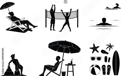 Summer beach activities silhouette set featuring volleyball players, swimmers, surfers, sunbathing people, umbrellas, and vacation accessories, black vector illustration isolated on white background