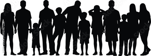 People, silhouettes, family, community, diverse, group, adults, children, standing, social, togetherness, unity, lifestyle, society, relationship, modern, human, crowd, flat, illustration