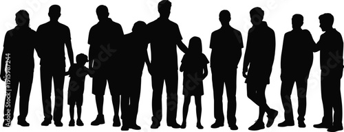 People, silhouettes, family, community, diverse, group, standing, adults, children, social, togetherness, unity, lifestyle, crowd, relationship, society, modern, human, flat, illustration