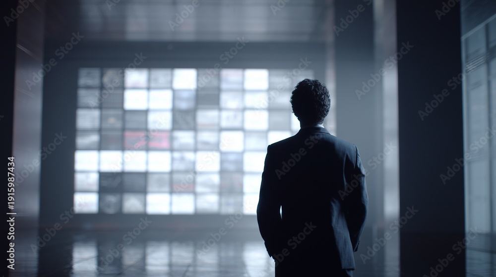 Fototapeta premium Man stands in front of a large screen in a dark room at night while looking at the bright display