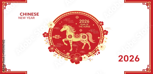 Vibrant Chinese New Year 2026 Horse illustration with red and gold elements
