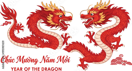 Vibrant red dragons entwined, symbolizing prosperity and good fortune for the Lunar New Year celebration