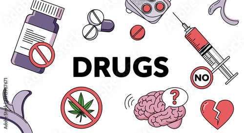Anti-Drugs Awareness Concept with Medical and Warning Icons.