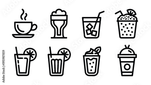 Charming vector illustration set of a cafe and coffee shop elements, perfect for food service, hospitality, and relaxation themes.