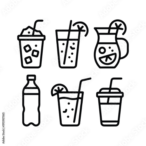 Vector illustration set of cold drinks and beverages, perfect for refreshment, summer, and cafe menu concepts.