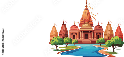 Holy Varanasi city skyline, temple landscape of ancient Indian pilgrimage site, historic cultural heritage landmark design with famous river Ganga tourism art scene.