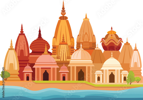 Holy Varanasi city skyline, ancient Indian pilgrimage site with temple landscape, historic cultural heritage landmark design and famous river Ganga tourism scene.