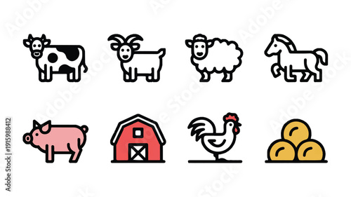 Charming vector illustration set showcasing rural farm life with various animals, crops, and rustic buildings, perfect for agriculture and countryside themes.