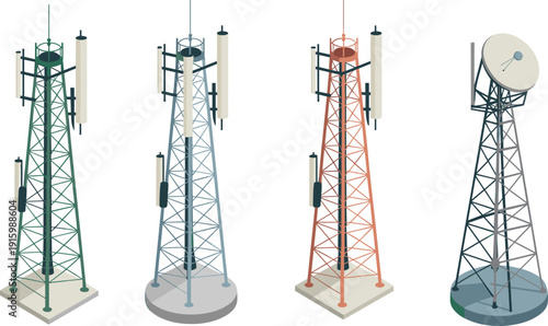 Telecommunication tower collection with cellular antennas and satellite dish, modern wireless network infrastructure illustration set isolated on white background for technology communication concepts