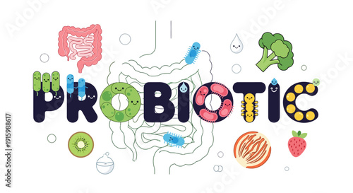 Probiotic Typography Design with Cute Bacteria and Digestive System Icons.