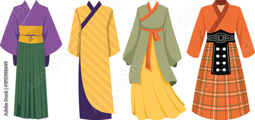 Traditional Asian dresses collection featuring kimono and hanbok inspired outfits, colorful cultural clothing designs, elegant folk fashion illustration set isolated on white background