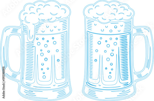 Two beer mugs side by side. Both mugs are filled with a golden liquid, presumably beer, and have a frothy white head on top.