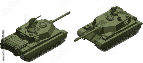 Isometric military tank illustration, armored combat vehicle, modern army weapon system, green tracked artillery defense technology, 3D engineering model design