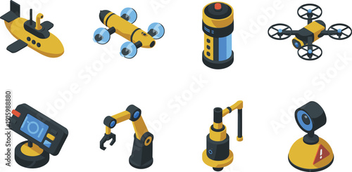 Isometric robotics and drone technology icons, robotic arm, automation devices, smart sensors, futuristic engineering illustration, industrial innovation set
