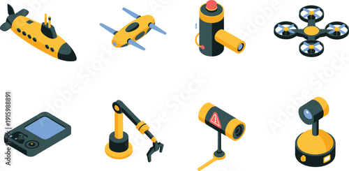 Isometric robotics and technology icons set, drone, robotic arm, camera sensors, automation devices, futuristic engineering illustration collection design
