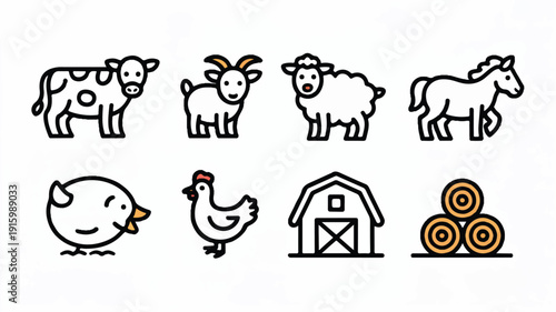 Clean vector illustration set of farm-related icons including animals, crops, and machinery, perfect for websites, apps, and informational materials on agriculture.