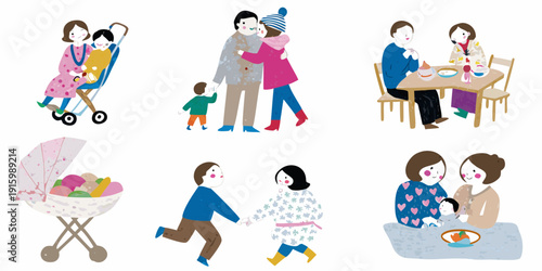 Illustrations depicting various family moments and interactions with children