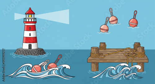Nautical elements including lighthouse buoys and pier in the ocean.