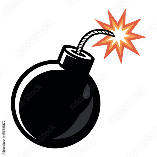Cartoon black cartoon bomb with lit fuse actively burning with bright orange sparks and smoke.