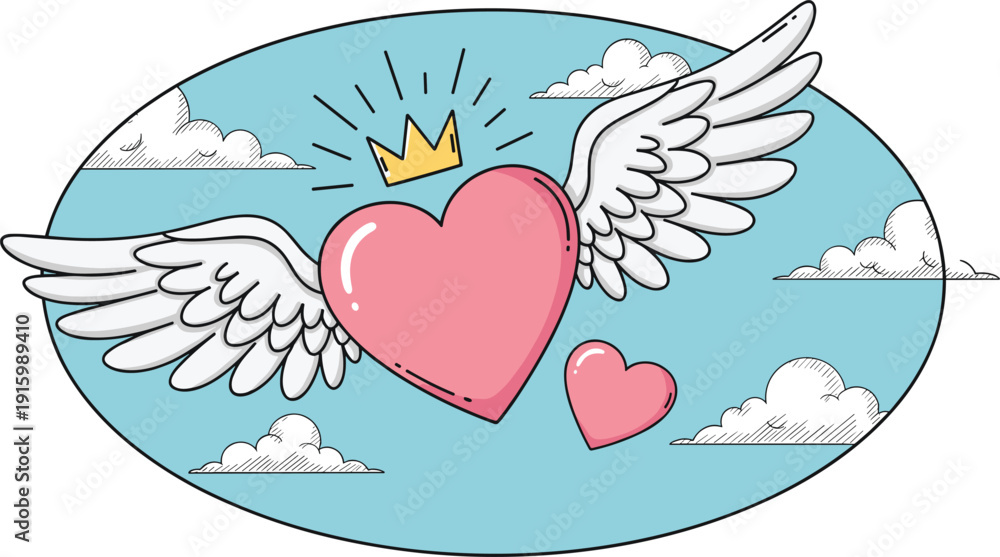 Naklejka premium Flying Heart with Wings and Crown Illustration in Cartoon Style Vector Design for Love Symbol, Valentine Card and Romantic Decoration